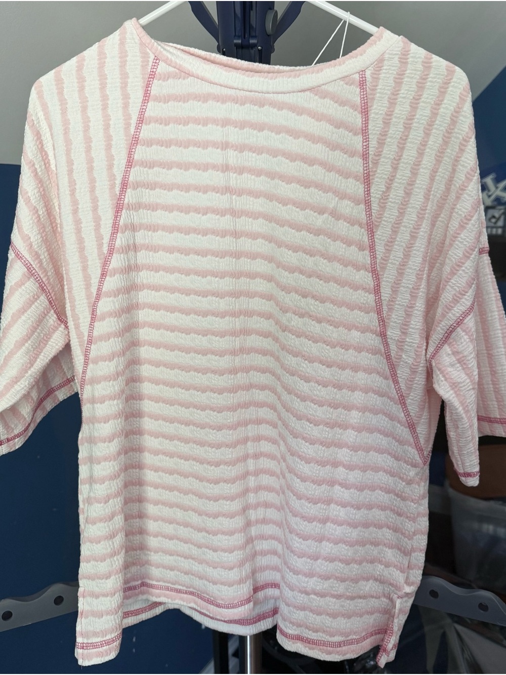 NWT Dokotoo Pink White Striped Textured Oversized Top Contrast Stitch